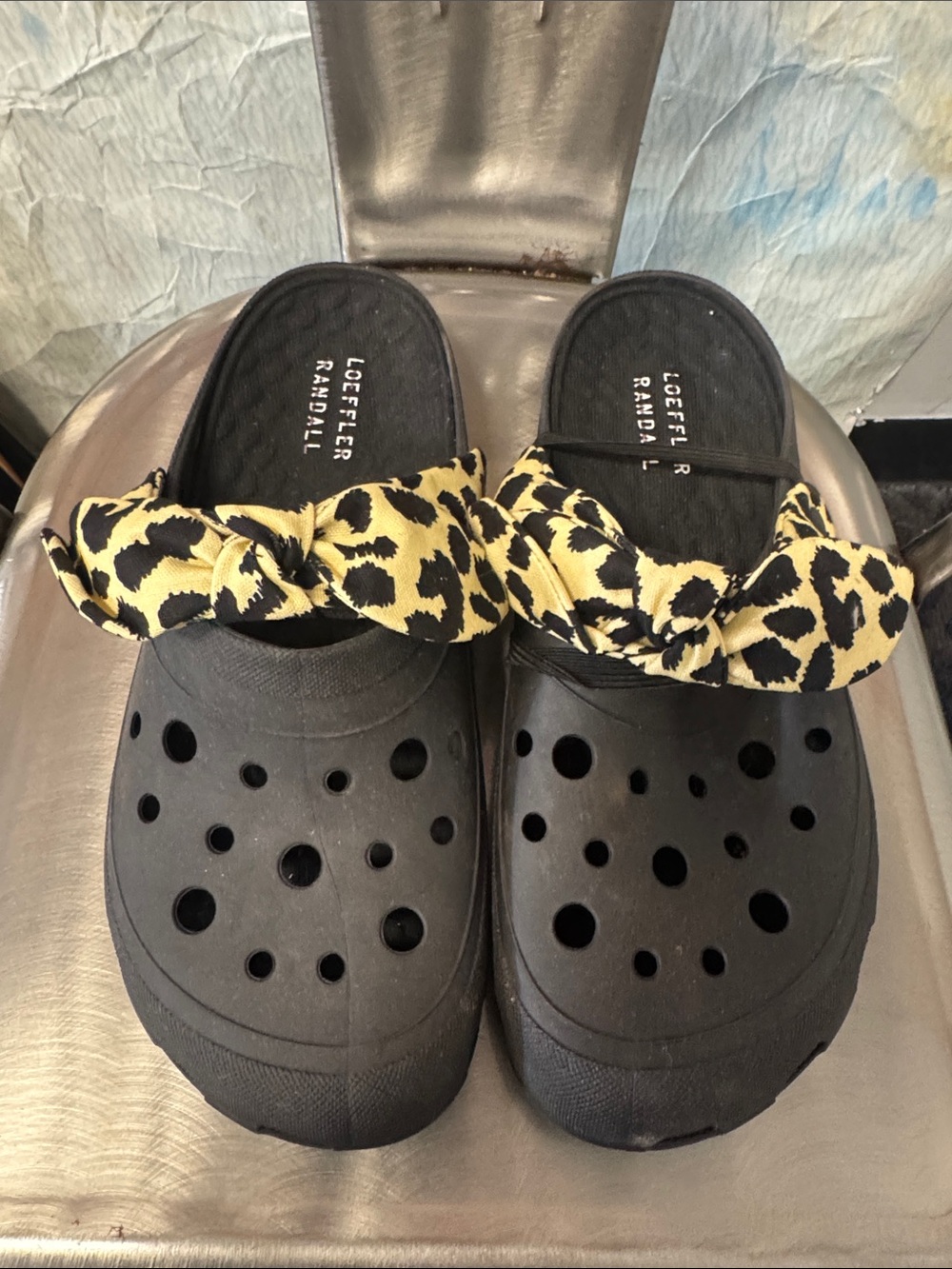 Loeffler Randall Black Clog Slides with Leopard-Print Bow Accent